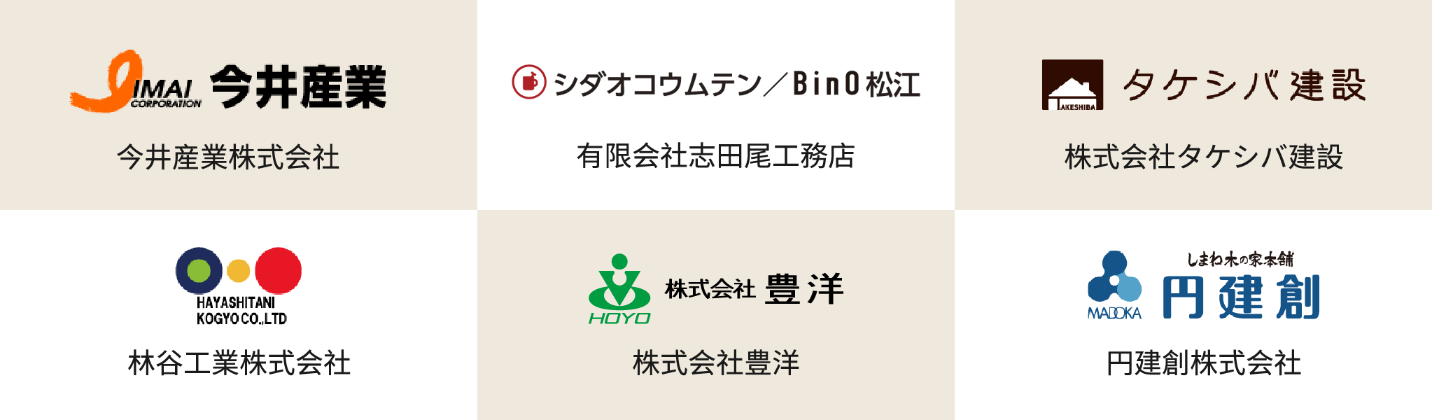 今井産業株式会社,有限会社志田尾工務店,株式会社タケシバ建設,林谷工業株式会社,株式会社豊洋,円建創株式会社